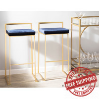 Lumisource B30-FUJI AUVBU2 Fuji Contemporary-Glam Stackable Barstool in Gold with Blue Velvet Cushion - Set of 2